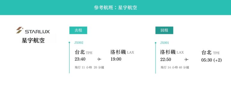 美西雙城9日 參考航班